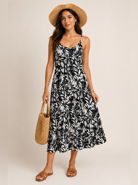 LOFT Dresses & Skirts - LOFT Fit and Flare Black & White Spaghetti Strap Dress Petite Size M, leaf print